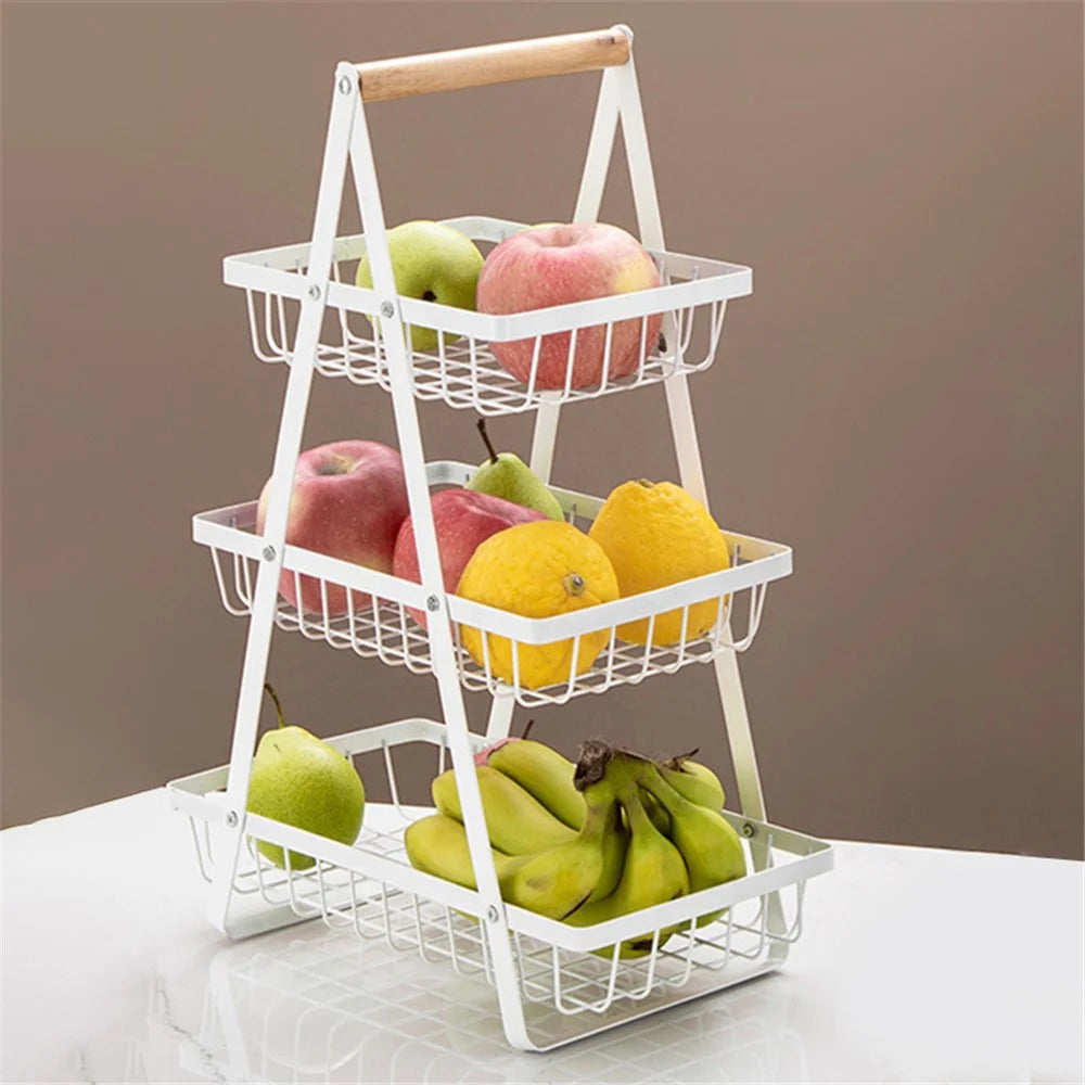 3-Tier Fruit Basket Kitchen Storage Rack Iron Hollow Mesh Living Room Snack Holder - White - 2