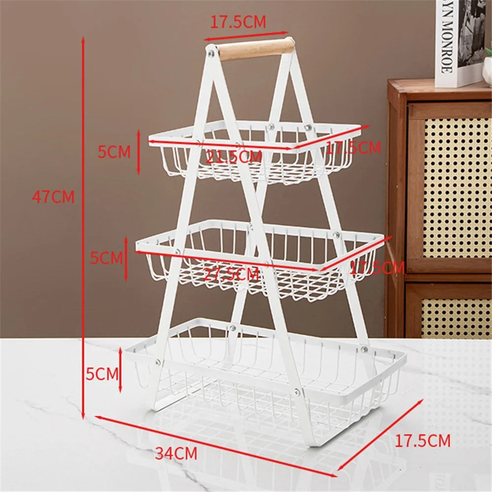 3-Tier Fruit Basket Kitchen Storage Rack Iron Hollow Mesh Living Room Snack Holder - White - 5