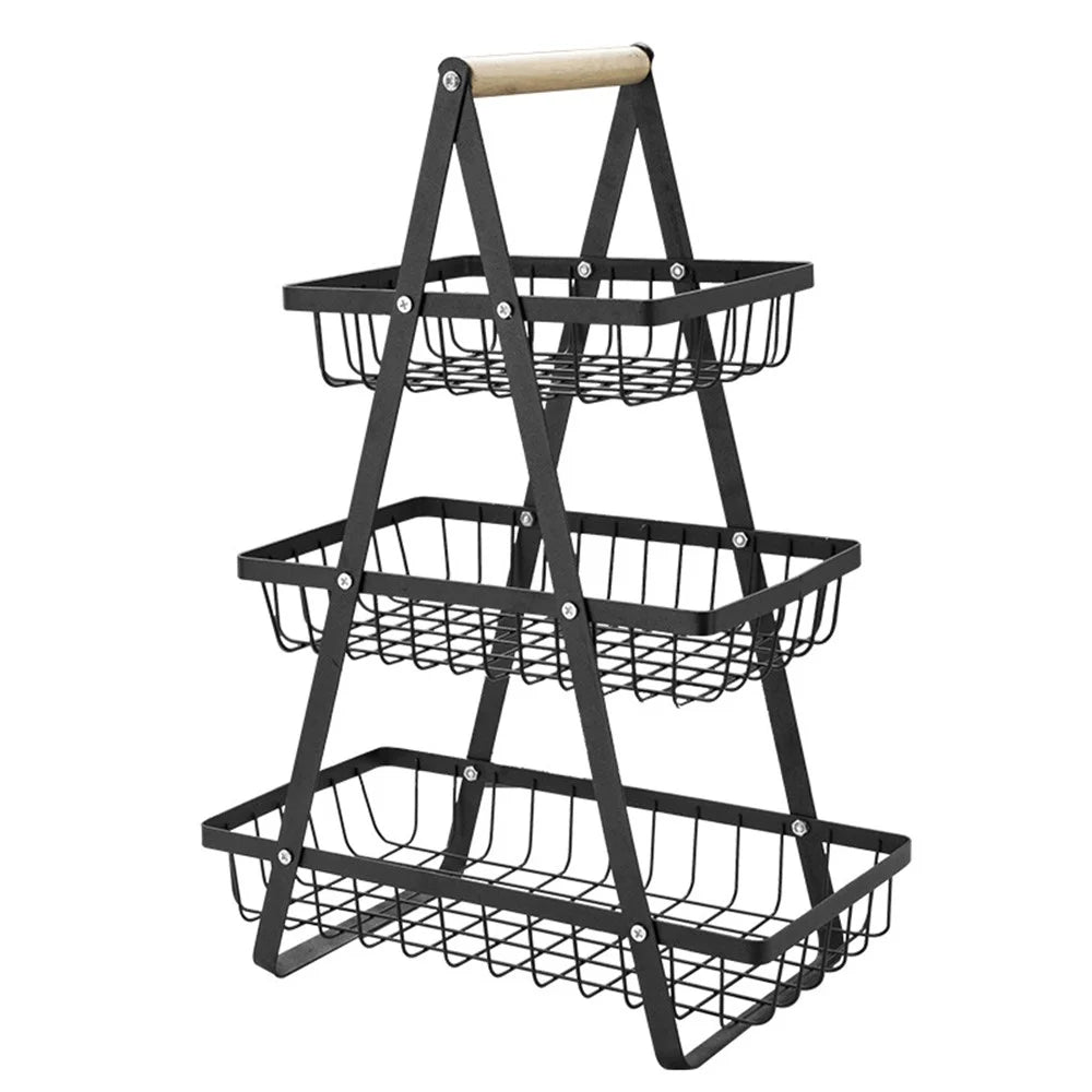 3-Tier Fruit Basket Kitchen Storage Rack Iron Hollow Mesh Living Room Snack Holder - Black - 1