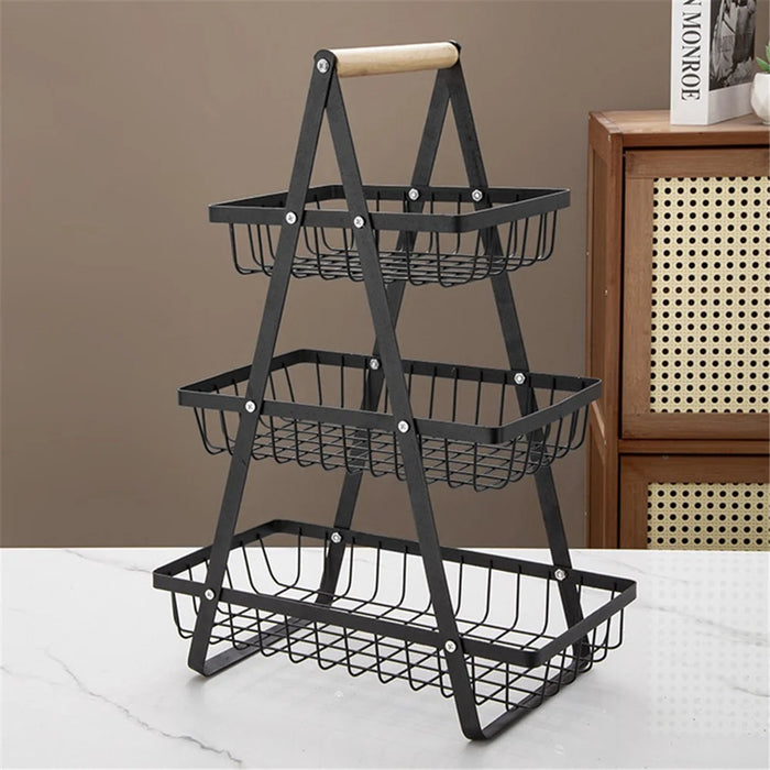 3-Tier Fruit Basket Kitchen Storage Rack Iron Hollow Mesh Living Room Snack Holder - Black - 2