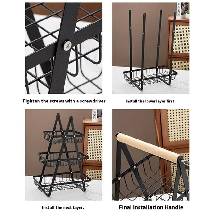 3-Tier Fruit Basket Kitchen Storage Rack Iron Hollow Mesh Living Room Snack Holder - Black - 5