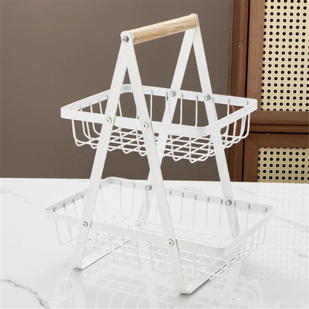 2-Tier Fruit Basket Iron Mesh Kitchen Storage Organizer with Handle Living Room Snack Holder Rack - White - 1