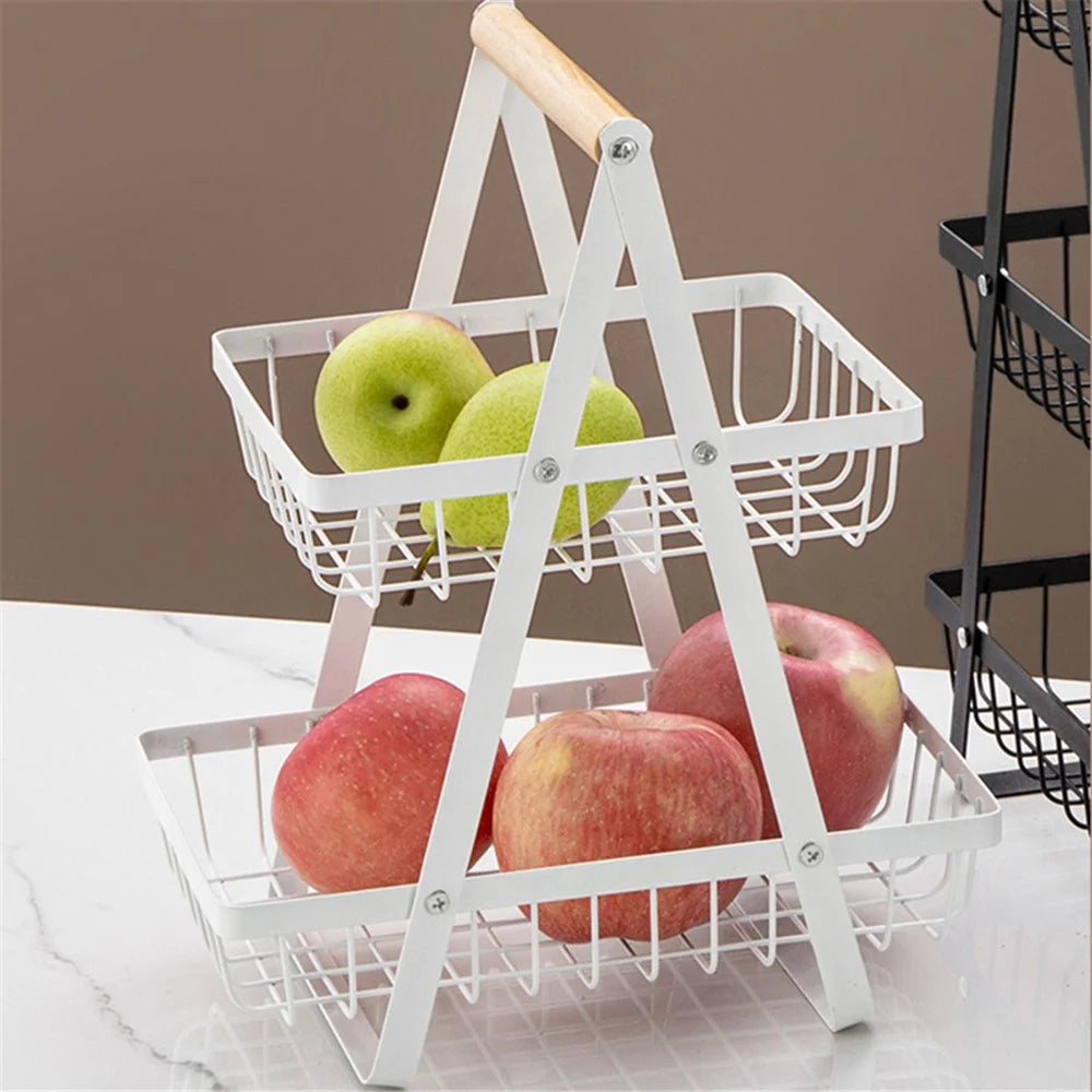 2-Tier Fruit Basket Iron Mesh Kitchen Storage Organizer with Handle Living Room Snack Holder Rack - White - 2
