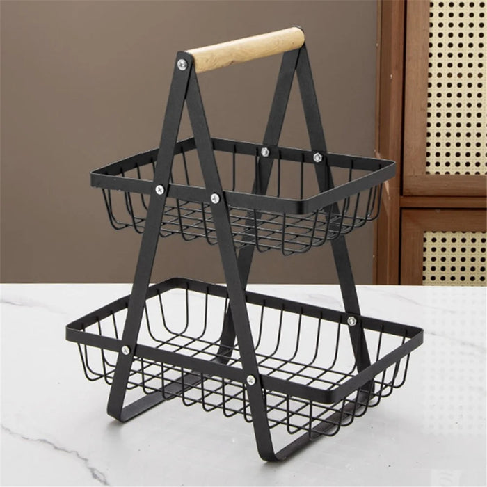 2-Tier Fruit Basket Iron Mesh Kitchen Storage Organizer with Handle Living Room Snack Holder Rack - Black - 1