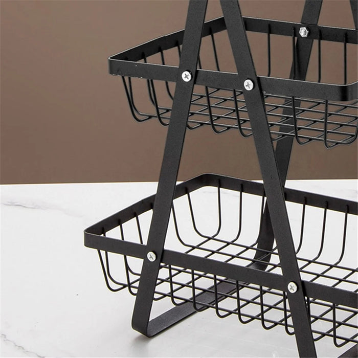 2-Tier Fruit Basket Iron Mesh Kitchen Storage Organizer with Handle Living Room Snack Holder Rack - Black - 4