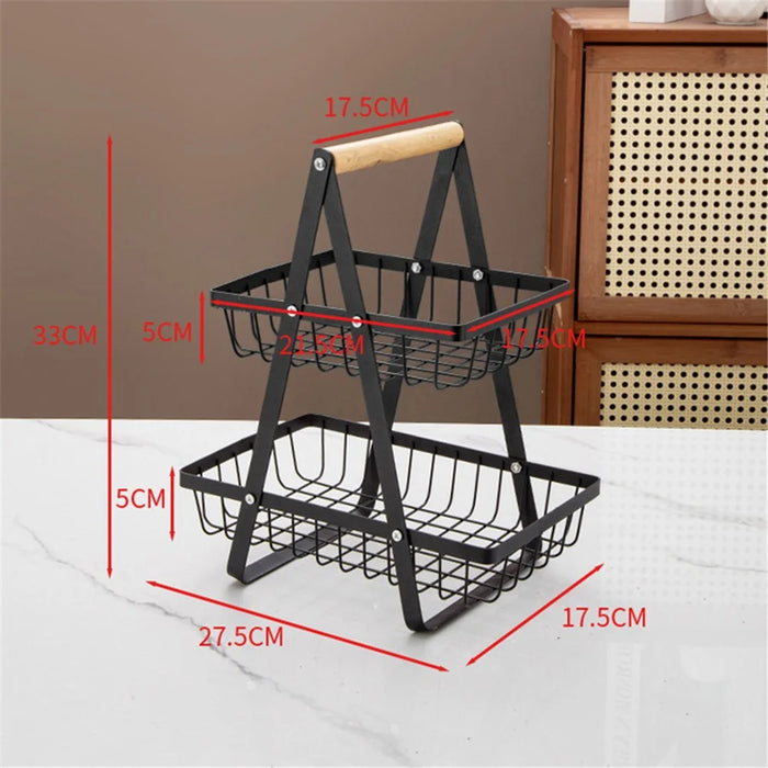 2-Tier Fruit Basket Iron Mesh Kitchen Storage Organizer with Handle Living Room Snack Holder Rack - Black - 5
