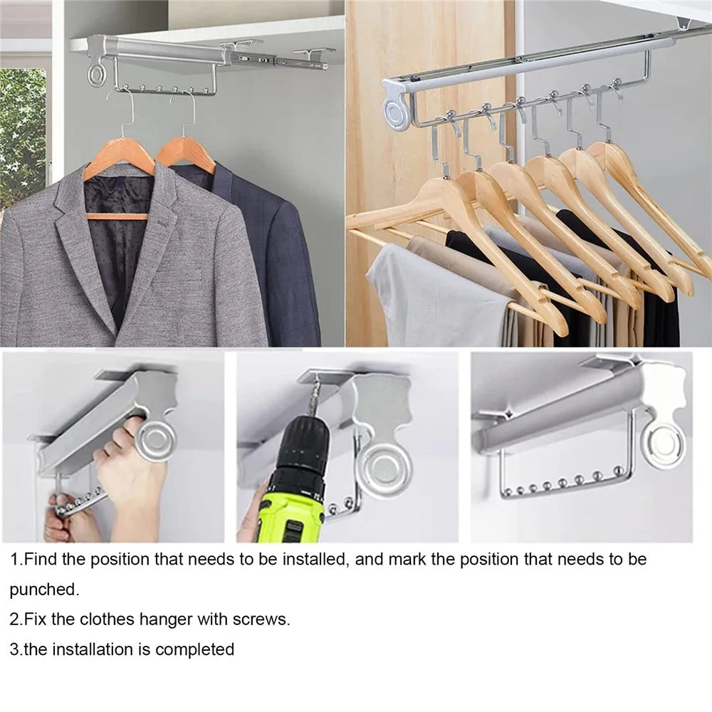 20 Inch Wardrobe Closet Slide Rail Pull-Out Clothes Hanging Rod Metal Pants Hanger Rack - Silver - 3