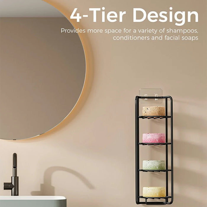 Wall Mounted Soap Holder 4-Tier Bathroom Storage Rack Organizer Stainless Steel Shower Caddy - Black / No Bamboo Mat - 2