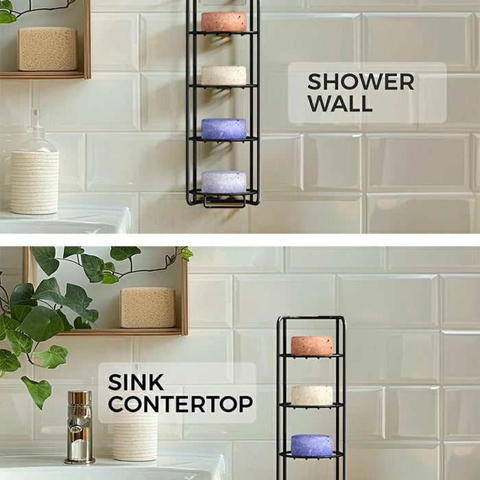 Wall Mounted Soap Holder 4-Tier Bathroom Storage Rack Organizer Stainless Steel Shower Caddy - Black / No Bamboo Mat - 3