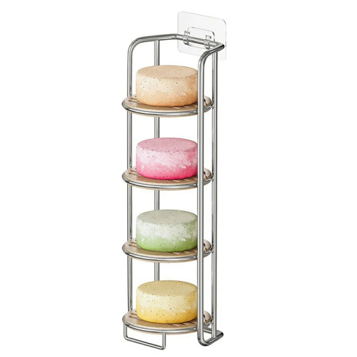 Wall Mounted Soap Holder 4-Tier Bathroom Organizer Rack Stainless Steel Shower Caddy - Silver / With Bamboo Mat - 1