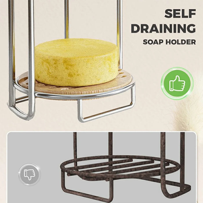 Wall Mounted Soap Holder 4-Tier Bathroom Organizer Rack Stainless Steel Shower Caddy - Silver / With Bamboo Mat - 2