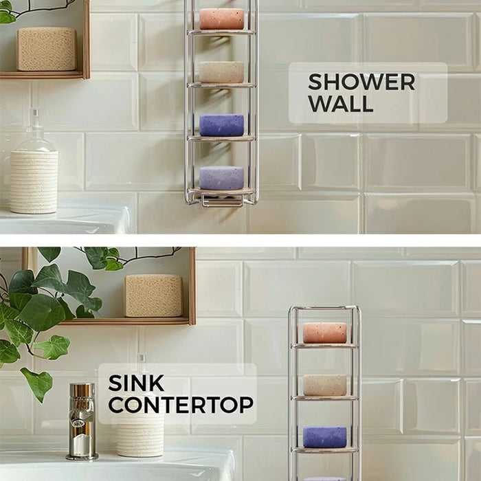 Wall Mounted Soap Holder 4-Tier Bathroom Organizer Rack Stainless Steel Shower Caddy - Silver / With Bamboo Mat - 3
