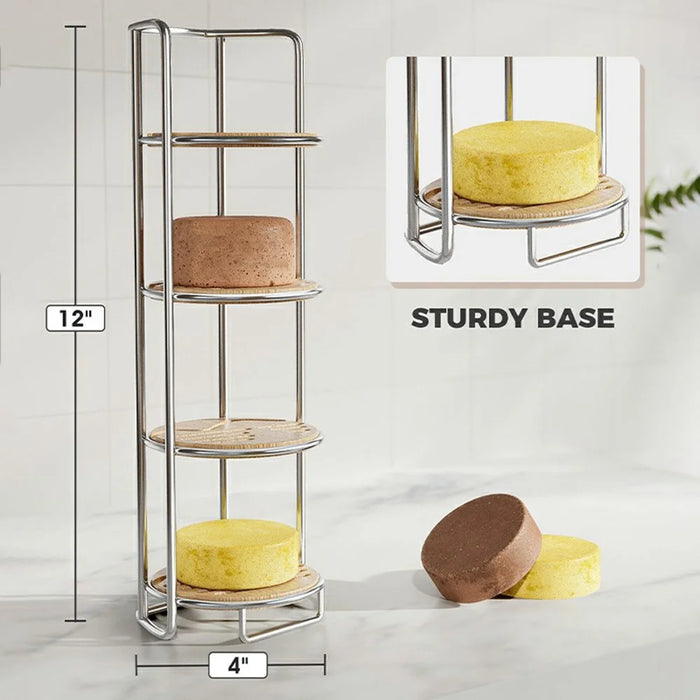 Wall Mounted Soap Holder 4-Tier Bathroom Organizer Rack Stainless Steel Shower Caddy - Silver / With Bamboo Mat - 4