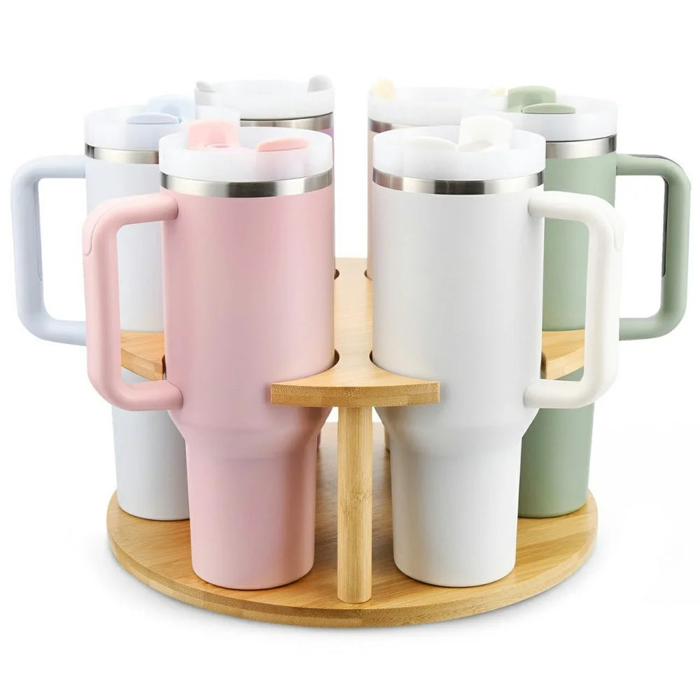 For Stanley Cup Holder 360° Rotating Organizer For Desk Storage Bamboo Wood Mug Rack - 1