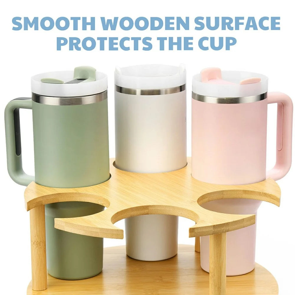 For Stanley Cup Holder 360° Rotating Organizer For Desk Storage Bamboo Wood Mug Rack - 2