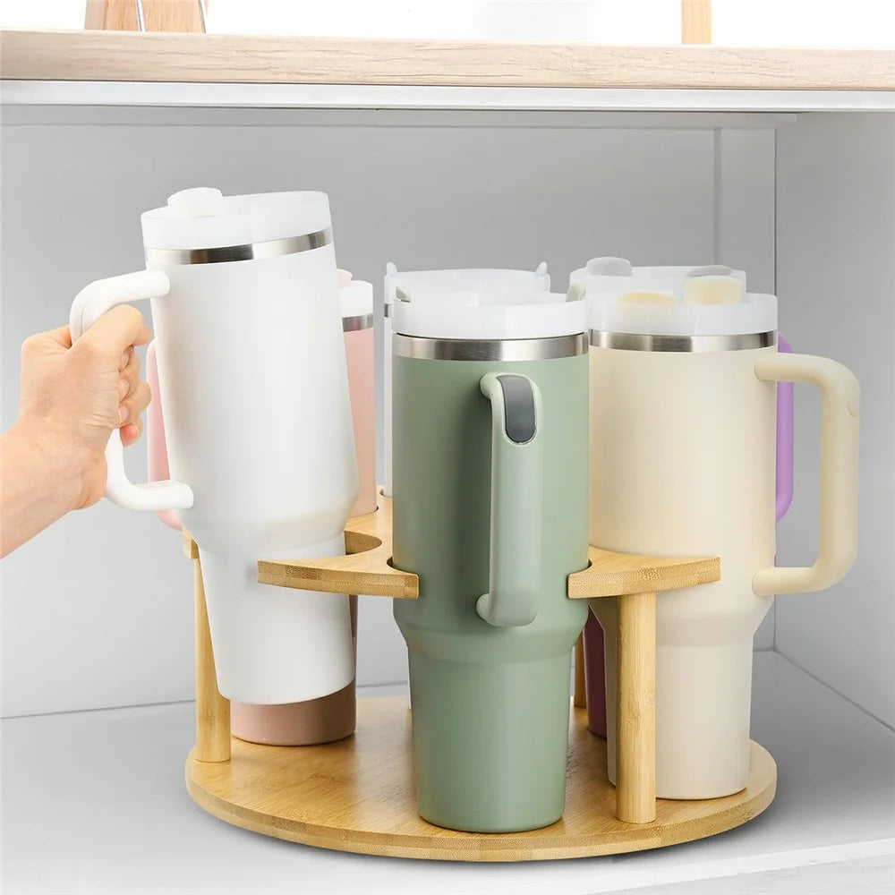 For Stanley Cup Holder 360° Rotating Organizer For Desk Storage Bamboo Wood Mug Rack - 4
