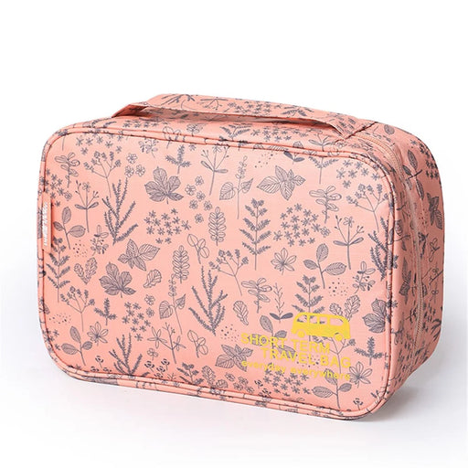 WEEKEIGHT Portable Travel Makeup Toiletry Bag Multi-pocket Cosmetics Storage Bag with Hanging Hook - Pink/Leaf - 1