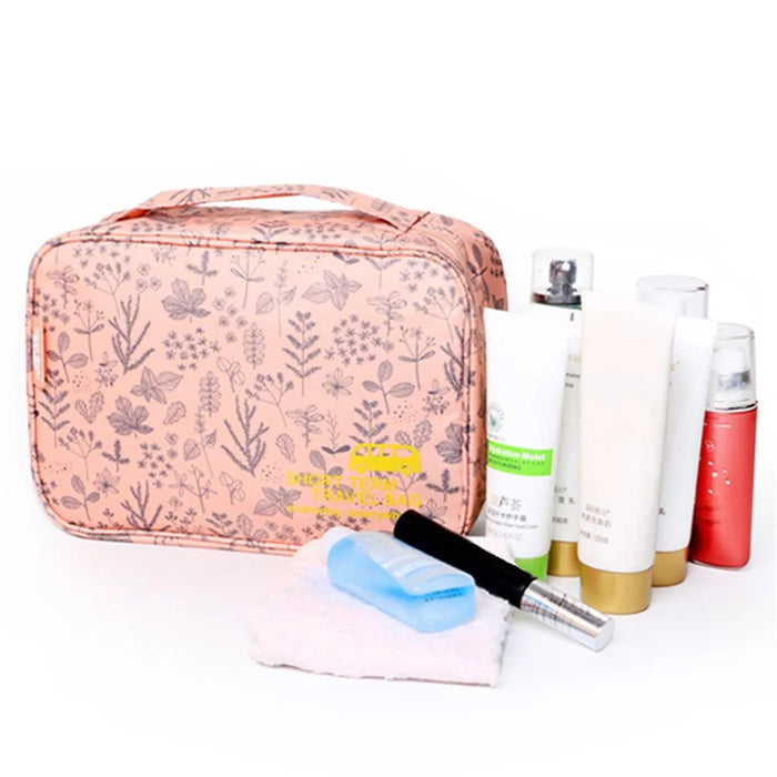 WEEKEIGHT Portable Travel Makeup Toiletry Bag Multi-pocket Cosmetics Storage Bag with Hanging Hook - Pink/Leaf - 2