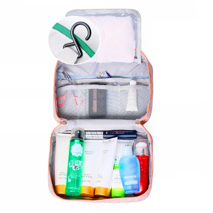 WEEKEIGHT Portable Travel Makeup Toiletry Bag Multi-pocket Cosmetics Storage Bag with Hanging Hook - Pink/Leaf - 3