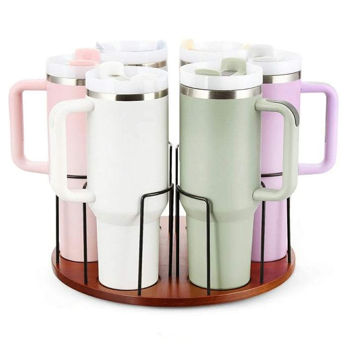 For Stanley Cup Holder 360° Rotating Organizer For Desk Storage Rubber Wood Mug Rack - 1