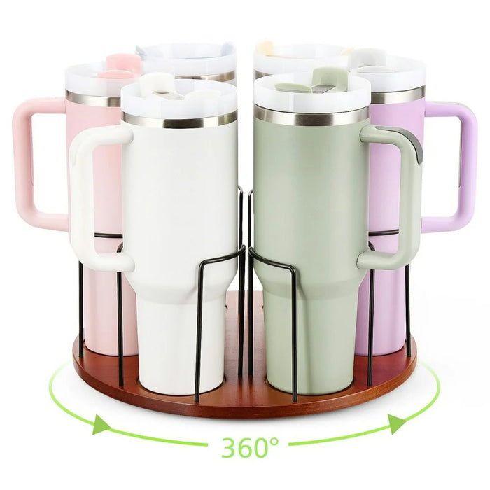 For Stanley Cup Holder 360° Rotating Organizer For Desk Storage Rubber Wood Mug Rack - 2
