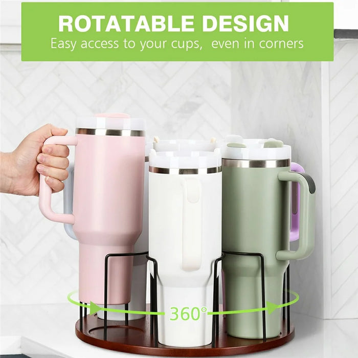For Stanley Cup Holder 360° Rotating Organizer For Desk Storage Rubber Wood Mug Rack - 3