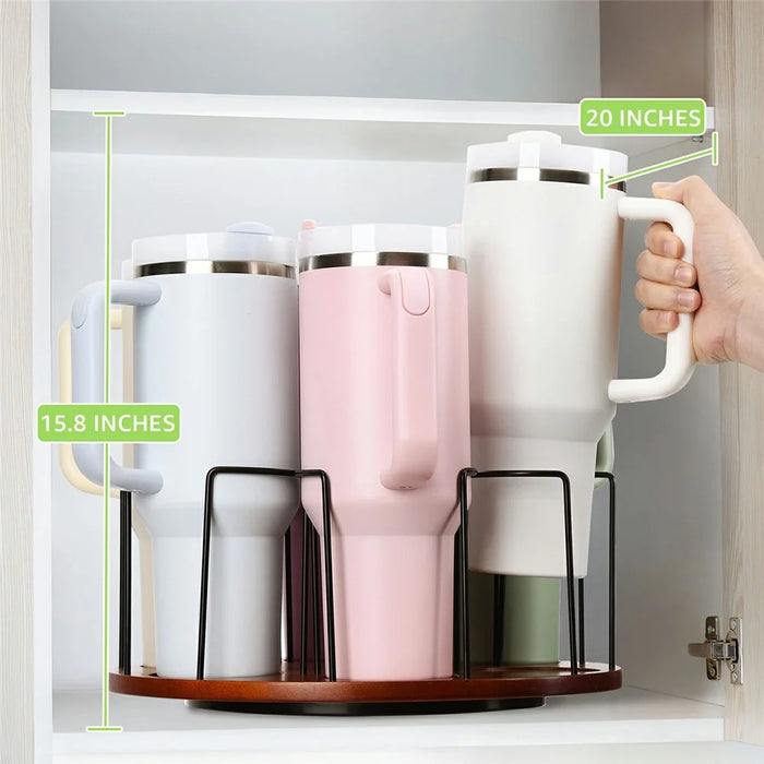 For Stanley Cup Holder 360° Rotating Organizer For Desk Storage Rubber Wood Mug Rack - 5