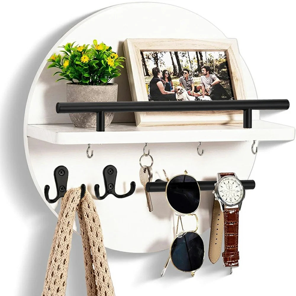 Wall Mounted Key Holder Organizer Round Decorative Shelf for Entryway Living Room Multi-Function Storage Rack - 2