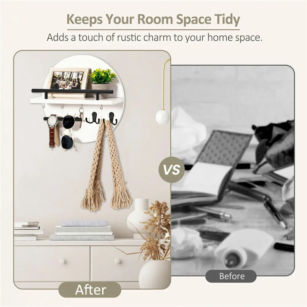 Wall Mounted Key Holder Organizer Round Decorative Shelf for Entryway Living Room Multi-Function Storage Rack - 3