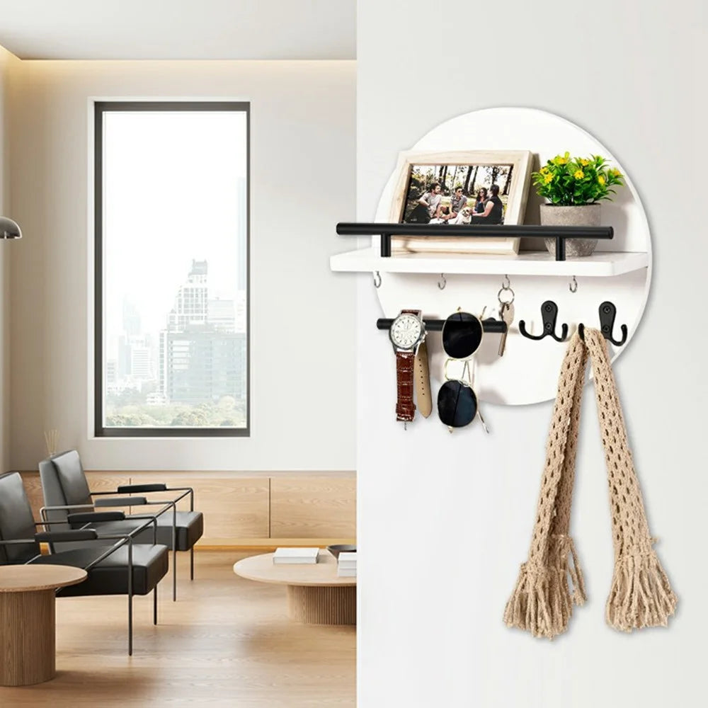 Wall Mounted Key Holder Organizer Round Decorative Shelf for Entryway Living Room Multi-Function Storage Rack - 4
