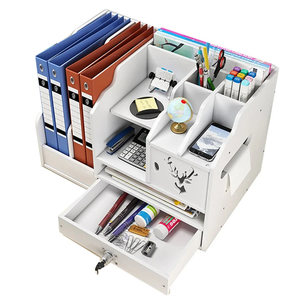 Office Desktop File Organizer Multi-Layer Document Holder A4 Paper Storage Rack with Lockable Drawer - Deer Design - 1
