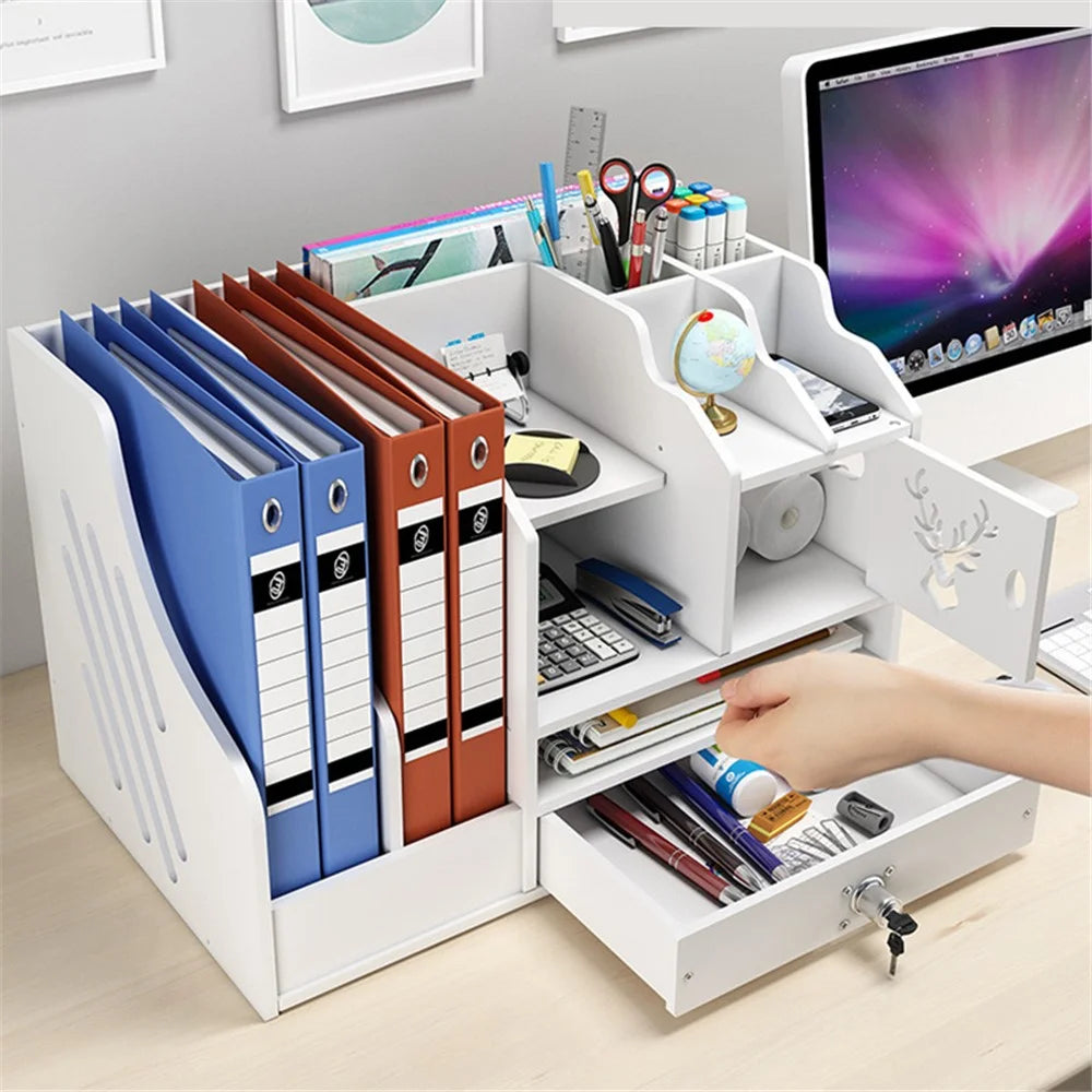 Office Desktop File Organizer Multi-Layer Document Holder A4 Paper Storage Rack with Lockable Drawer - Deer Design - 2