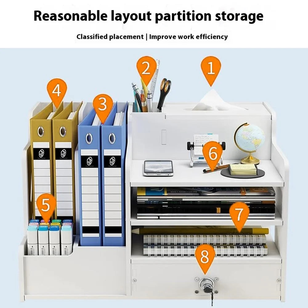 Office Desktop File Organizer Multi-Layer Document Holder A4 Paper Storage Rack with Lockable Drawer - Deer Design - 4