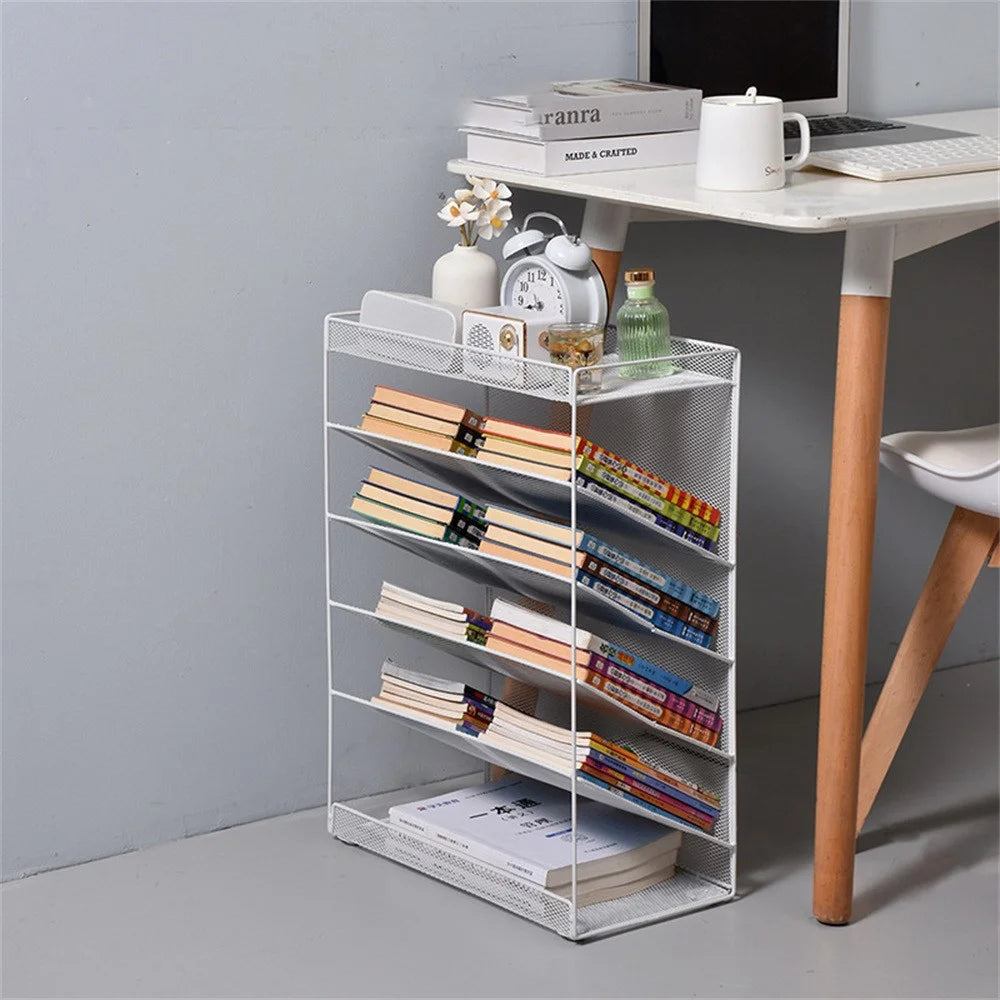 Movable Desk Side Storage Rack with Wheels Multi-Tier Book Organizer Slim Rolling Cart, L Size - White - 4