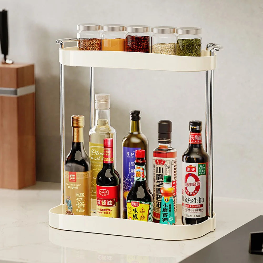 Dual-Layer Storage Rack Kitchen Spice Countertop Organizer Dining Table Shelf - 1