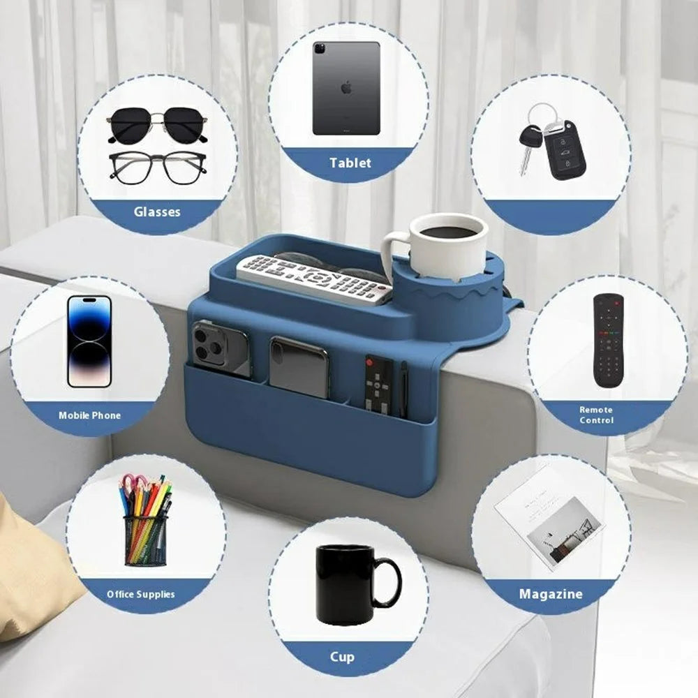 Silicone Sofa Cup Holder Armrest Tray Multifunction Couch Drink Rack with Side Pockets - Dark Blue - 7