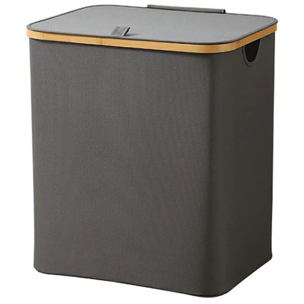 Size XL 600D Oxford Fabric Rectangular Foldable Laundry Hamper Bamboo Frame Dirty Clothes Basket with Lid - Grey - 1