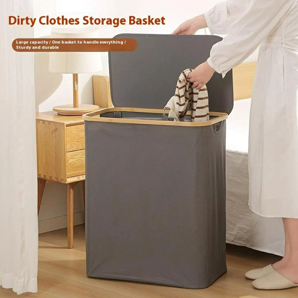 Size XL 600D Oxford Fabric Rectangular Foldable Laundry Hamper Bamboo Frame Dirty Clothes Basket with Lid - Grey - 2