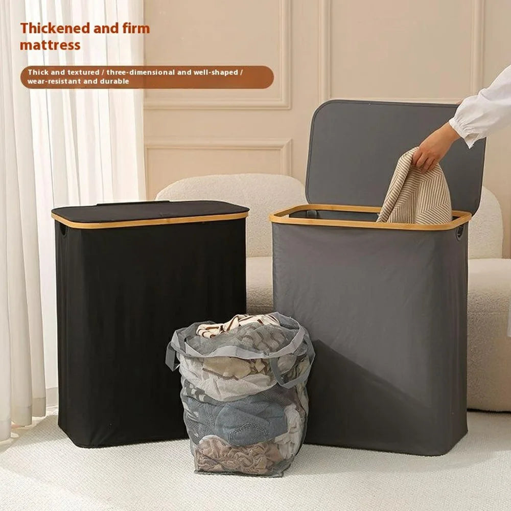 Size XL 600D Oxford Fabric Rectangular Foldable Laundry Hamper Bamboo Frame Dirty Clothes Basket with Lid - Grey - 3