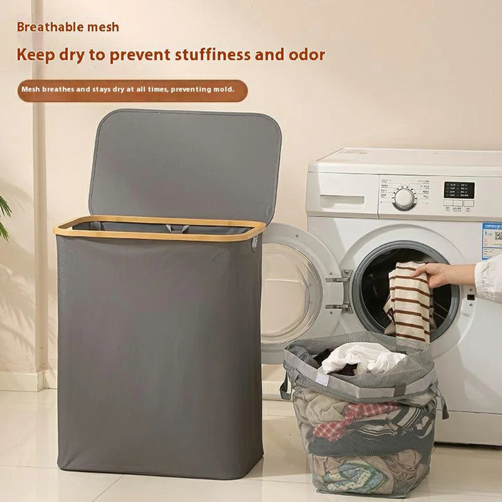 Size XL 600D Oxford Fabric Rectangular Foldable Laundry Hamper Bamboo Frame Dirty Clothes Basket with Lid - Grey - 4