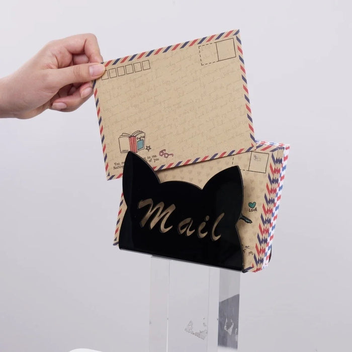 Cat Shaped Acrylic Mail Organizer Office Home Desktop Letter Storage Stand Document Holder - Black - 5