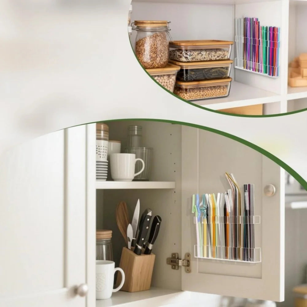 YX166 Cabinet Door Mount Straw Organizer Rack Adjustable Height Separate Design Acrylic Adhesive Straw Stand - 2