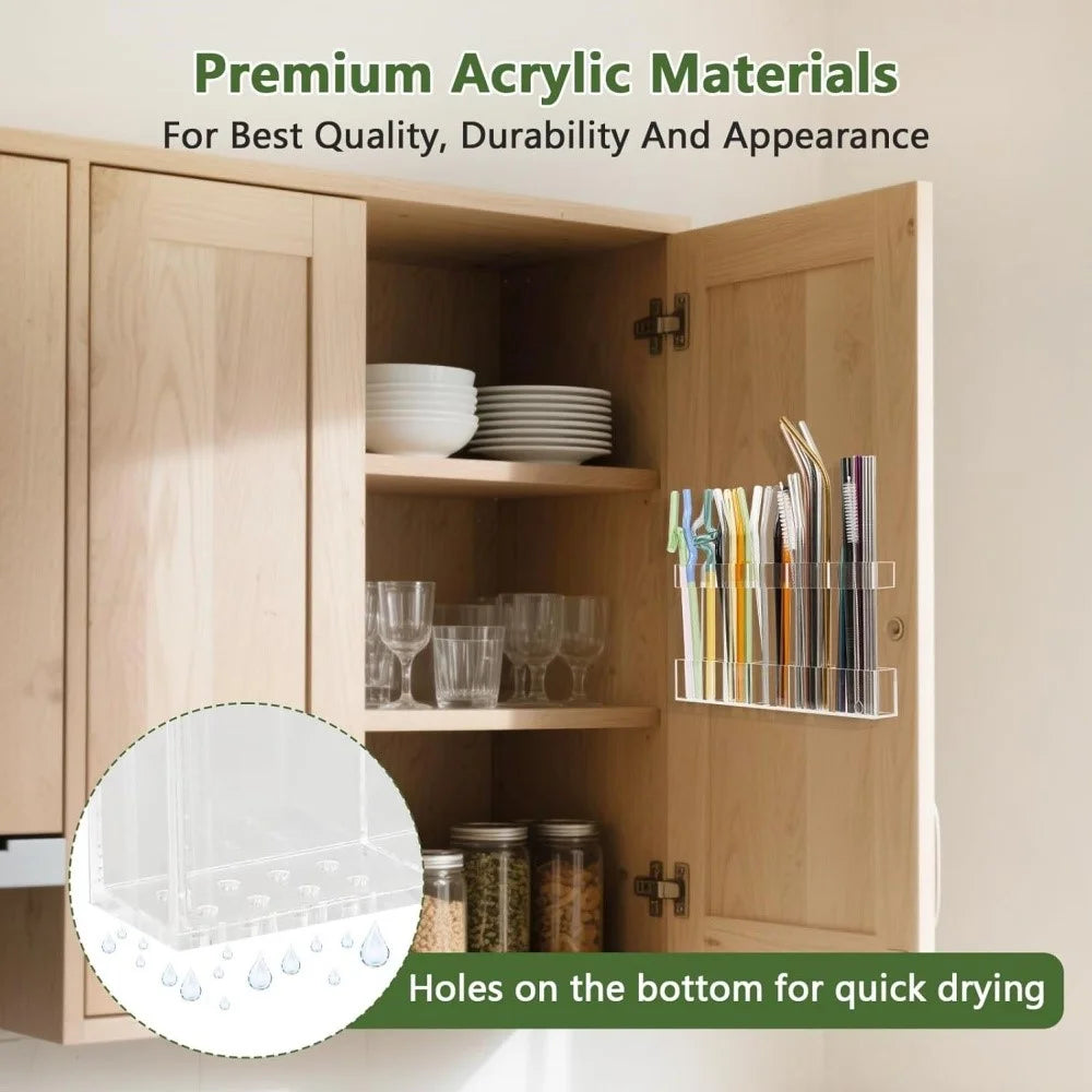 YX166 Cabinet Door Mount Straw Organizer Rack Adjustable Height Separate Design Acrylic Adhesive Straw Stand - 3