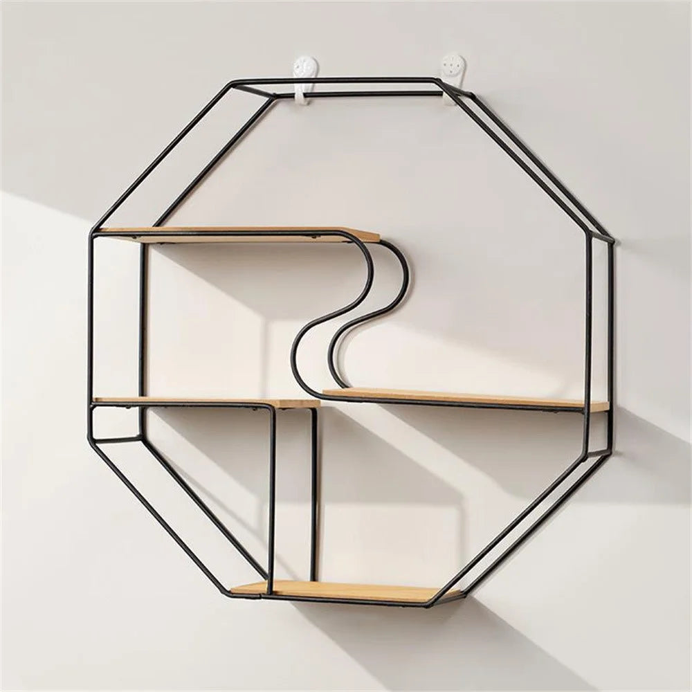 Metal Wall Mounted Shelf Decorative Rack Creative Storage Holder Organizer for Living Room Home Decor - Black - 2