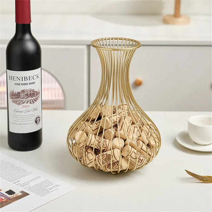 Wine Cork Storage Basket Iron Art Bottle Stopper Collector Container Bar Decor Organizer - Gold - 2