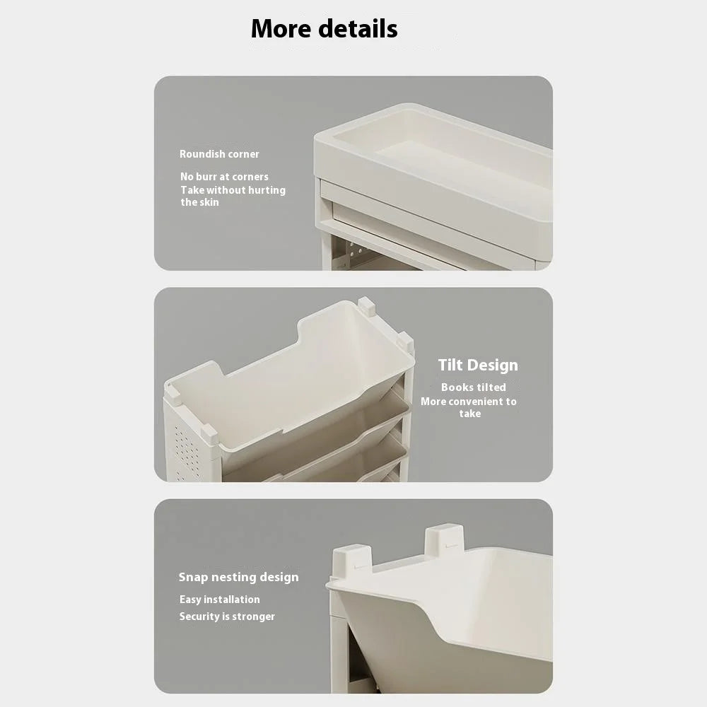 Movable Classroom Desk Side Book Storage Rack 3-Tier PP Stationery Organizer with Drawer and Wheels - 4