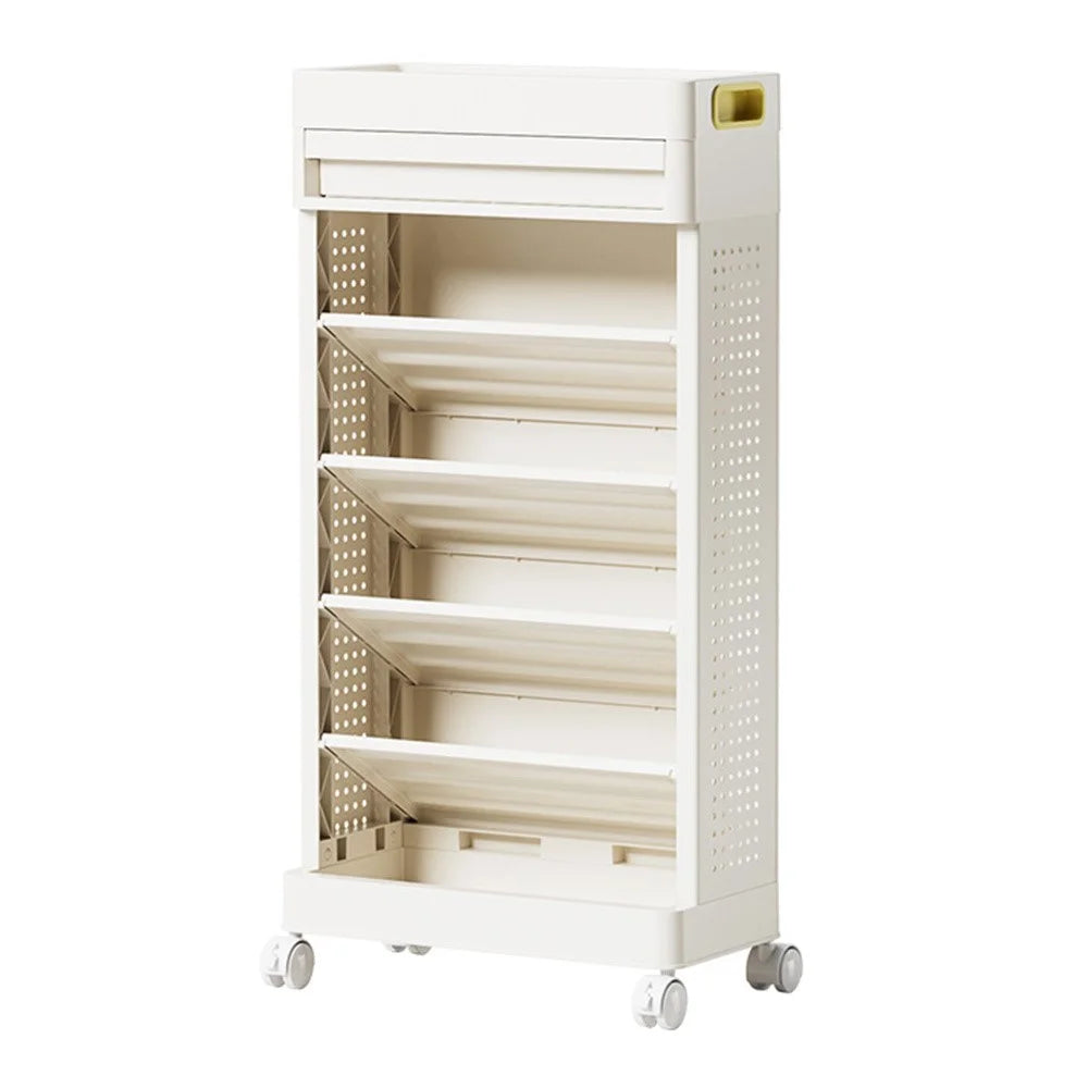 5-Tier Books Storage Rack Multi-Function Organizer Desk Side PP Bookshelf with Drawer and Wheels - 1