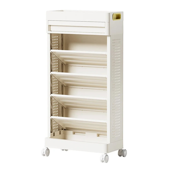 5-Tier Books Storage Rack Multi-Function Organizer Desk Side PP Bookshelf with Drawer and Wheels - 1