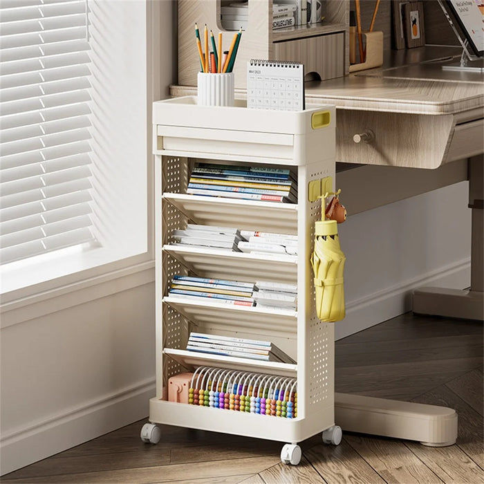 5-Tier Books Storage Rack Multi-Function Organizer Desk Side PP Bookshelf with Drawer and Wheels - 2