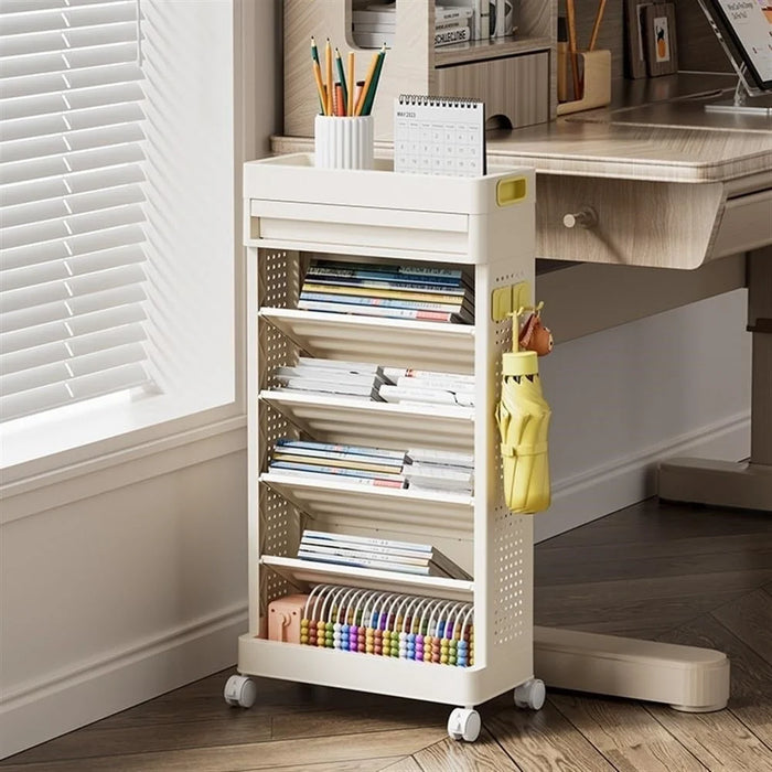 5-Tier Books Storage Rack Multi-Function Organizer Desk Side PP Bookshelf with Drawer and Wheels - 4